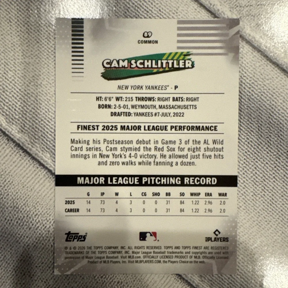 2026 Topps Finest Cam Schlittler RC Common Base New York Yankees Baseball Card